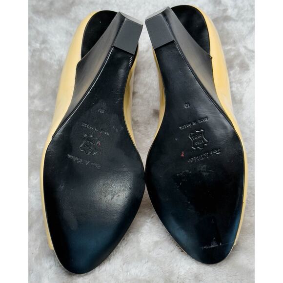 Pour La Victoire Tan Patent Leather Open Toe Wedge Wooden Heel Womens Size 10 - Picture 6 of 16